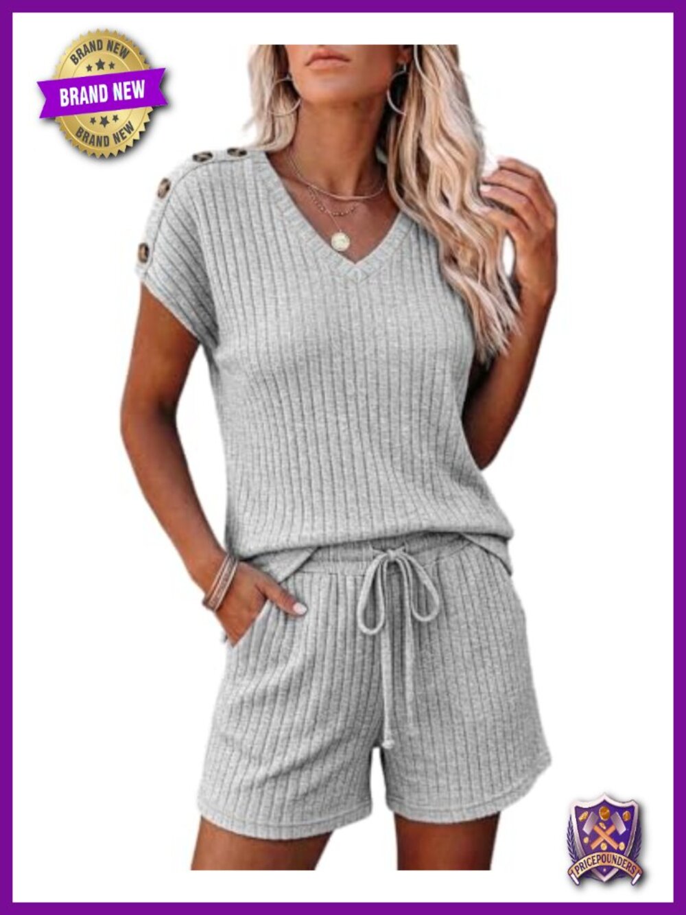 Ribbed Knit 2 Piece Lounge Set Short Sleeve V-Neck Top & Drawstring Shorts